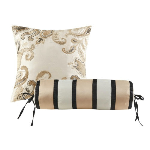 KTX-363859 12 Piece Elegant Queen Bed Set with Cotton Sheets and Decorative Pillows in Black and Gold