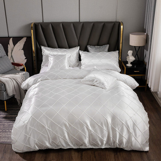 KTX-365011 Home Ice Silk Satin Checkered Bedding Set - 3 Pieces, Multiple Sizes and Colors Available