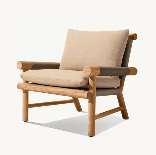 KTX-365203 Modern Cane Lounge Chair with Teak Frame and Rattan Detailing, Outdoor Fabric Cushion for Living Room