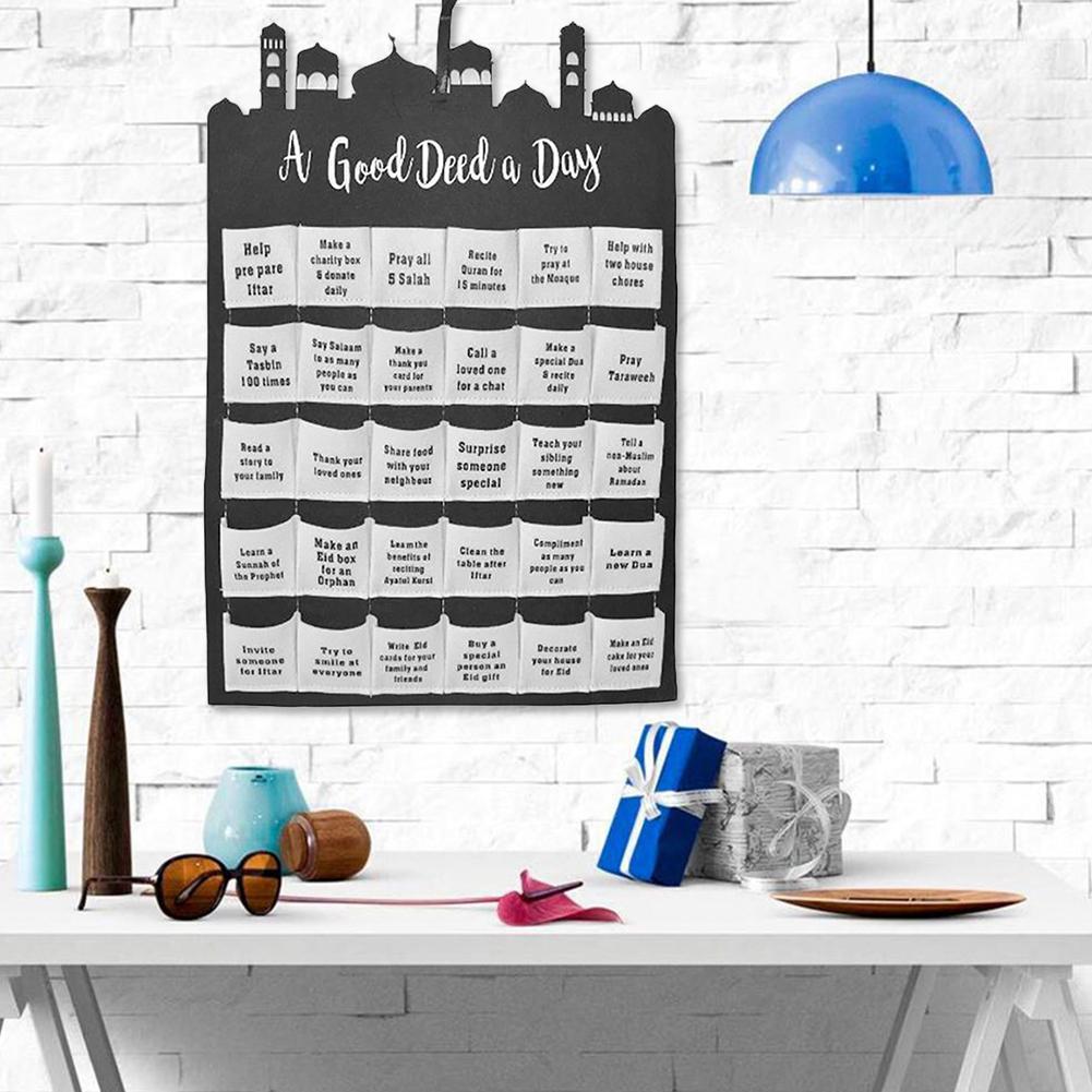 KTX-365523 Eid Mubarak Countdown Fabric Wall Calendar with Crescent Storage Bag - 40x40cm White Felt Design