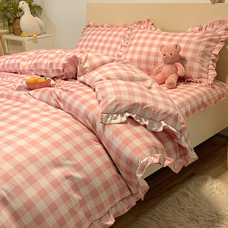 KTX-366163 Princess Style Heart Pattern Four-Piece Bed Sheet and Duvet Cover Set for 1.2m, 1.5m, and 1.8m Beds