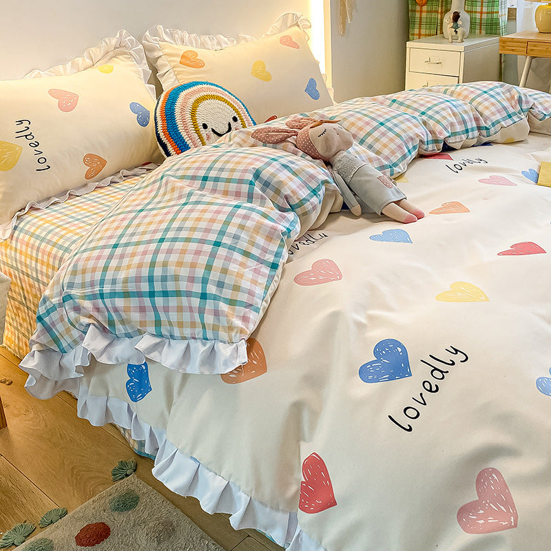 KTX-366163 Princess Style Heart Pattern Four-Piece Bed Sheet and Duvet Cover Set for 1.2m, 1.5m, and 1.8m Beds