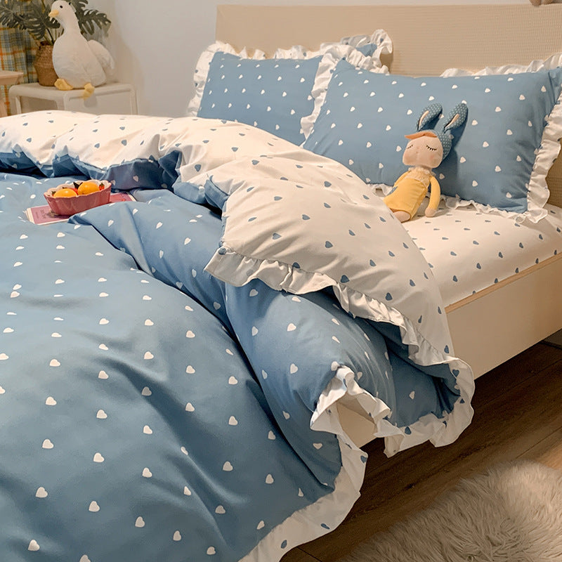 KTX-366163 Princess Style Heart Pattern Four-Piece Bed Sheet and Duvet Cover Set for 1.2m, 1.5m, and 1.8m Beds