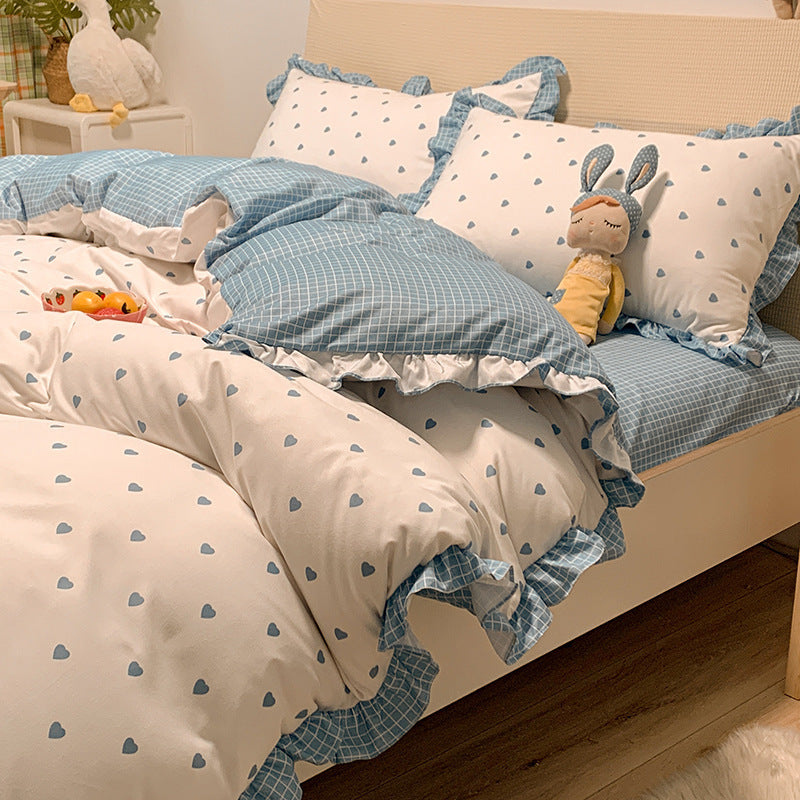 KTX-366163 Princess Style Heart Pattern Four-Piece Bed Sheet and Duvet Cover Set for 1.2m, 1.5m, and 1.8m Beds