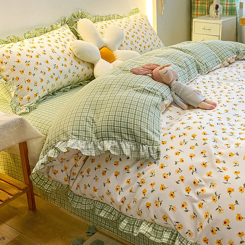 KTX-366163 Princess Style Heart Pattern Four-Piece Bed Sheet and Duvet Cover Set for 1.2m, 1.5m, and 1.8m Beds