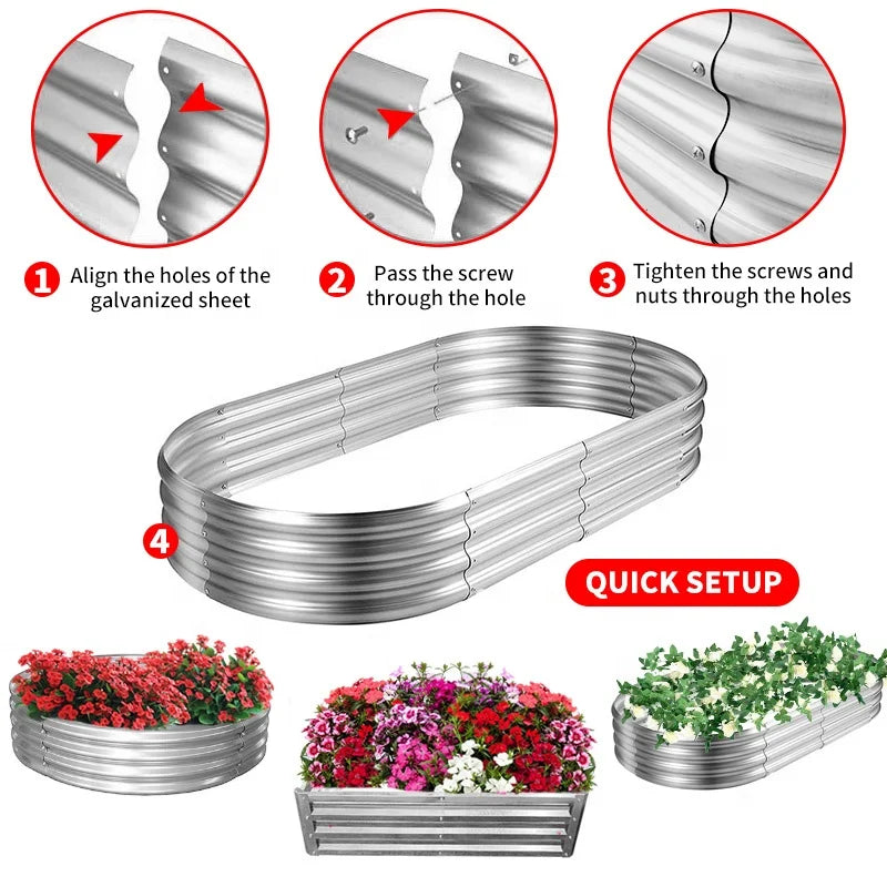 KTX-366355 Oval Galvanized Metal Raised Garden Bed Planter Box for Outdoor Gardening