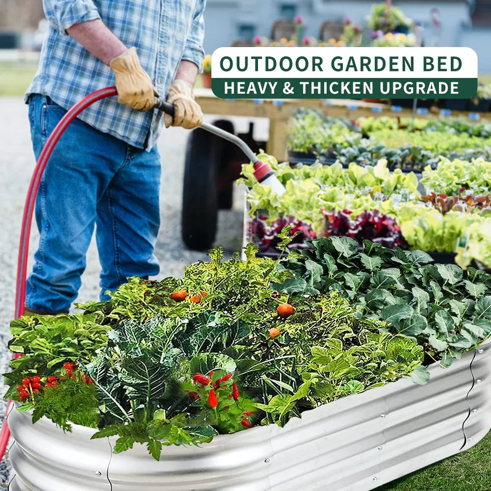 KTX-366355 Oval Galvanized Metal Raised Garden Bed Planter Box for Outdoor Gardening