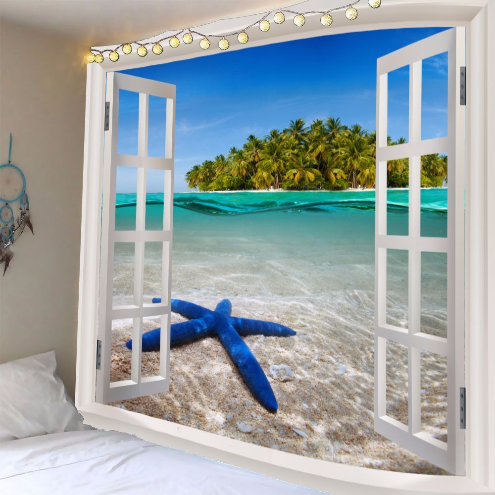 KTX-366419 Blue Starfish Landscape Tapestry Wall Hanging - Machine Washable Polyester Fiber - Mediterranean Style Decor