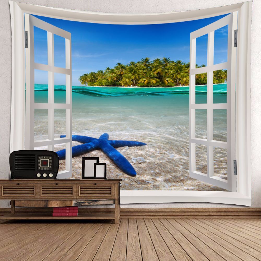 KTX-366419 Blue Starfish Landscape Tapestry Wall Hanging - Machine Washable Polyester Fiber - Mediterranean Style Decor