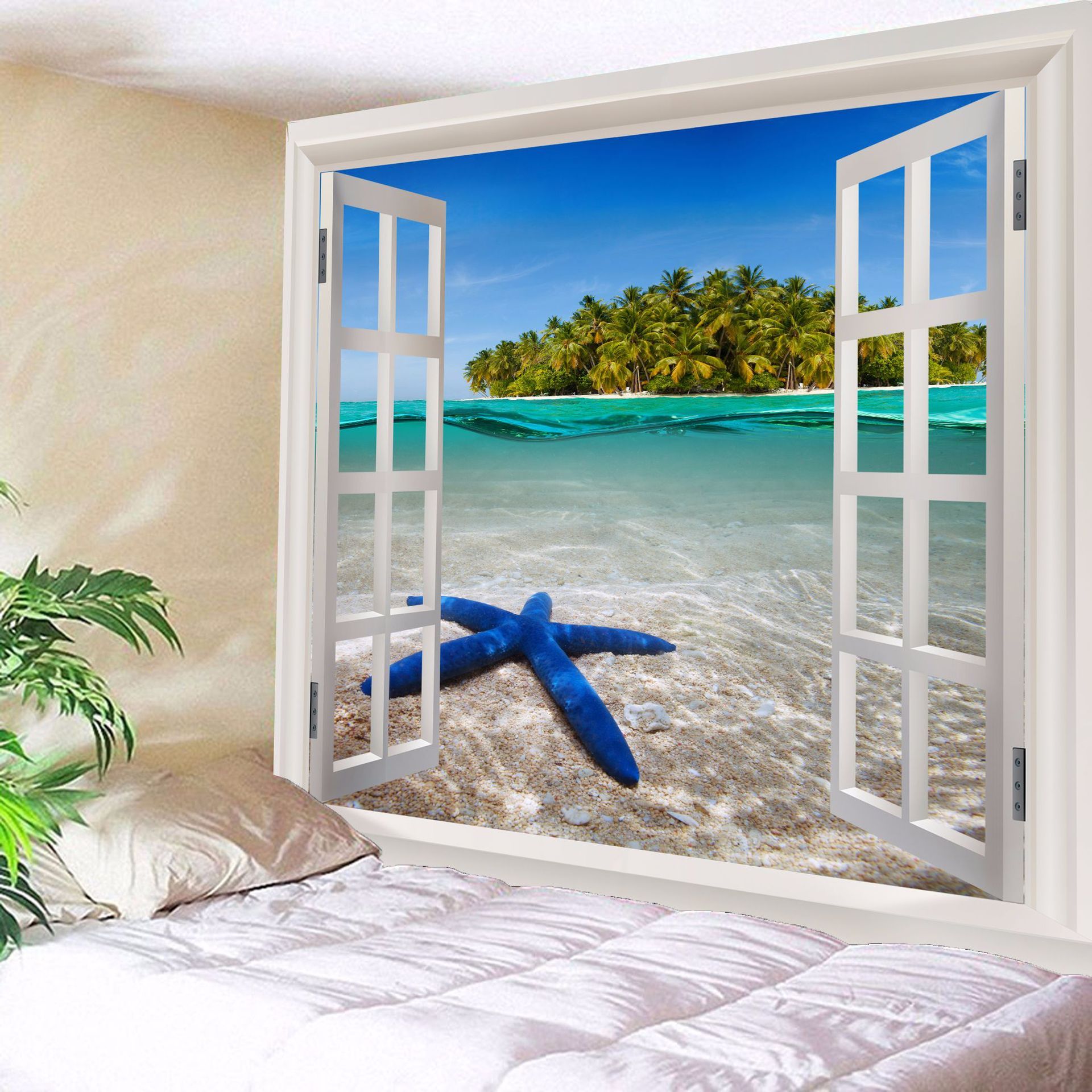 KTX-366419 Blue Starfish Landscape Tapestry Wall Hanging - Machine Washable Polyester Fiber - Mediterranean Style Decor