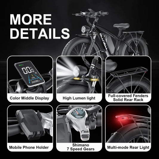 KTX-367699 26" 4.0 Fat Tire Electric Bike, 48V 1000W Motor, 16Ah Battery, 7-Speed Shimano, Hydraulic Disc Brakes, LED Lights