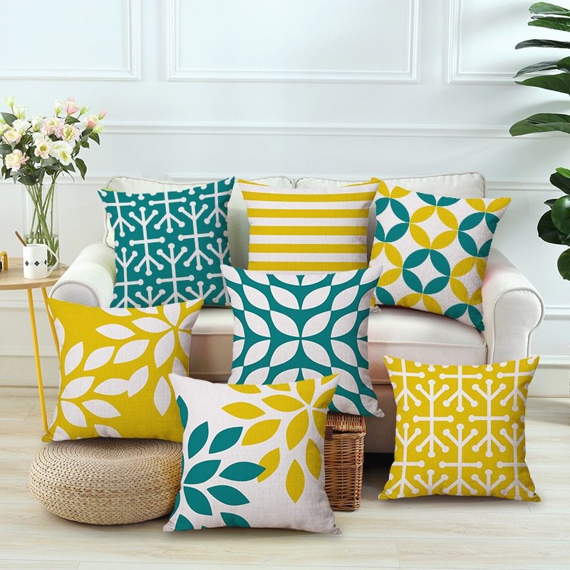 KTX-369619 Nordic Yellow Green Geometric Print Linen Cushion Cover 45x45cm
