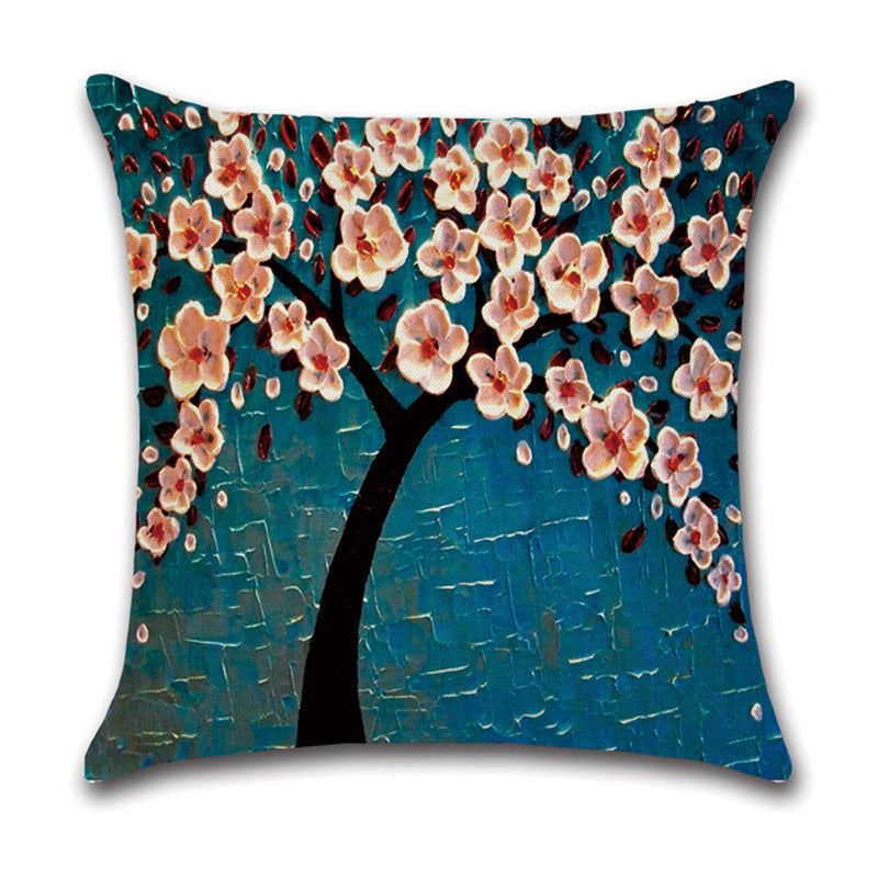 KTX-370131 Linen Autumn Landscape Pillow Cover with Floral and Leaf Patterns, 45x45cm