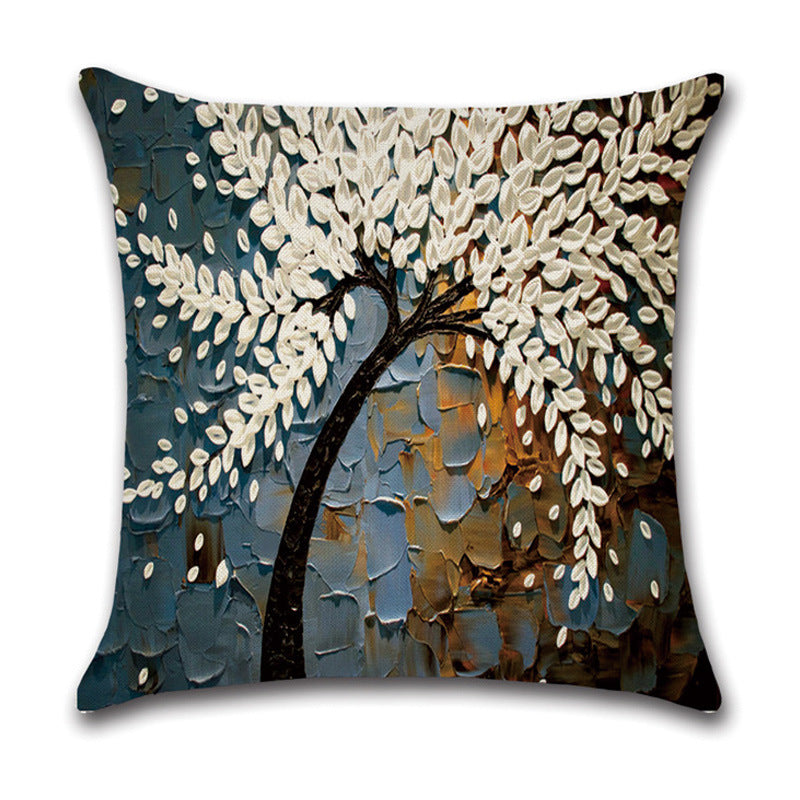 KTX-370131 Linen Autumn Landscape Pillow Cover with Floral and Leaf Patterns, 45x45cm