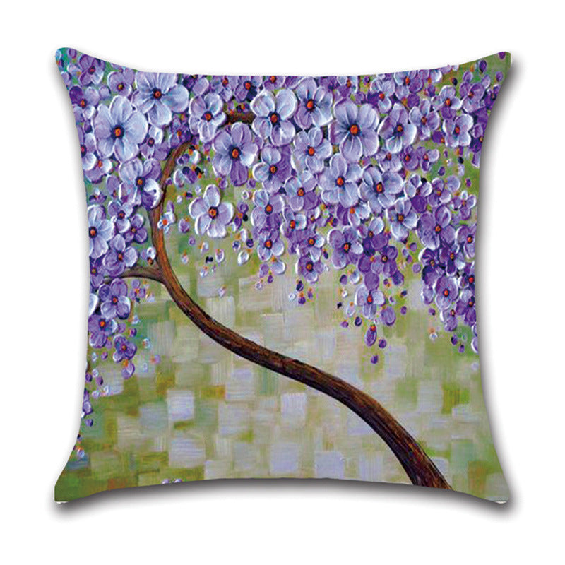 KTX-370131 Linen Autumn Landscape Pillow Cover with Floral and Leaf Patterns, 45x45cm