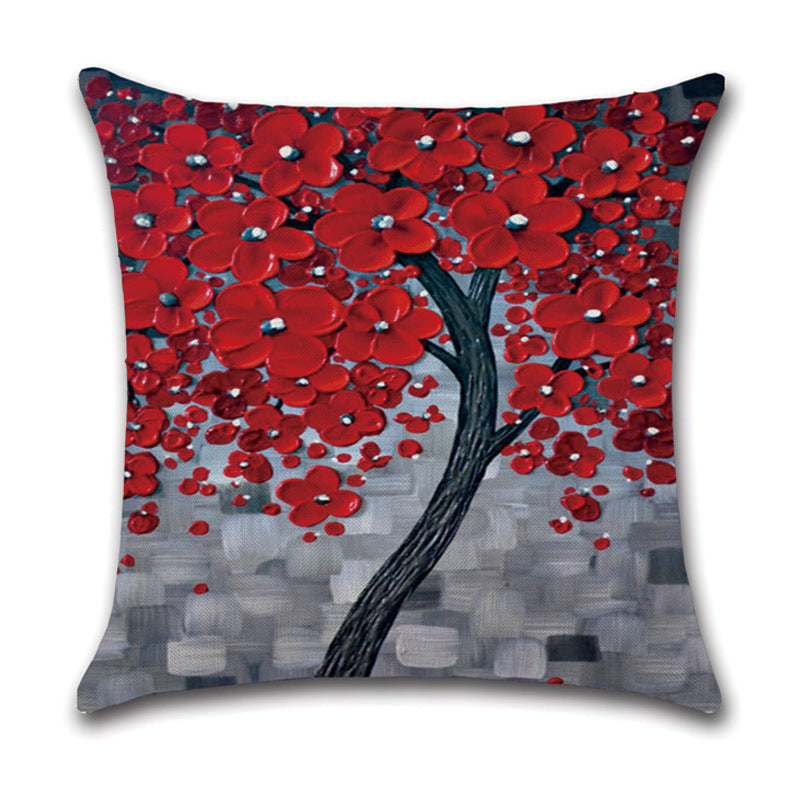 KTX-370131 Linen Autumn Landscape Pillow Cover with Floral and Leaf Patterns, 45x45cm