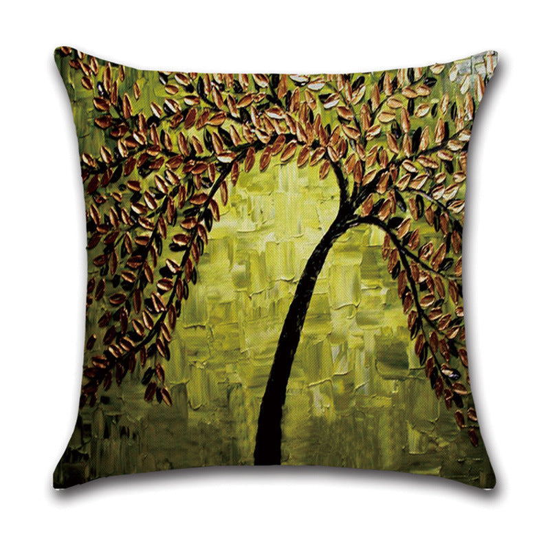 KTX-370131 Linen Autumn Landscape Pillow Cover with Floral and Leaf Patterns, 45x45cm