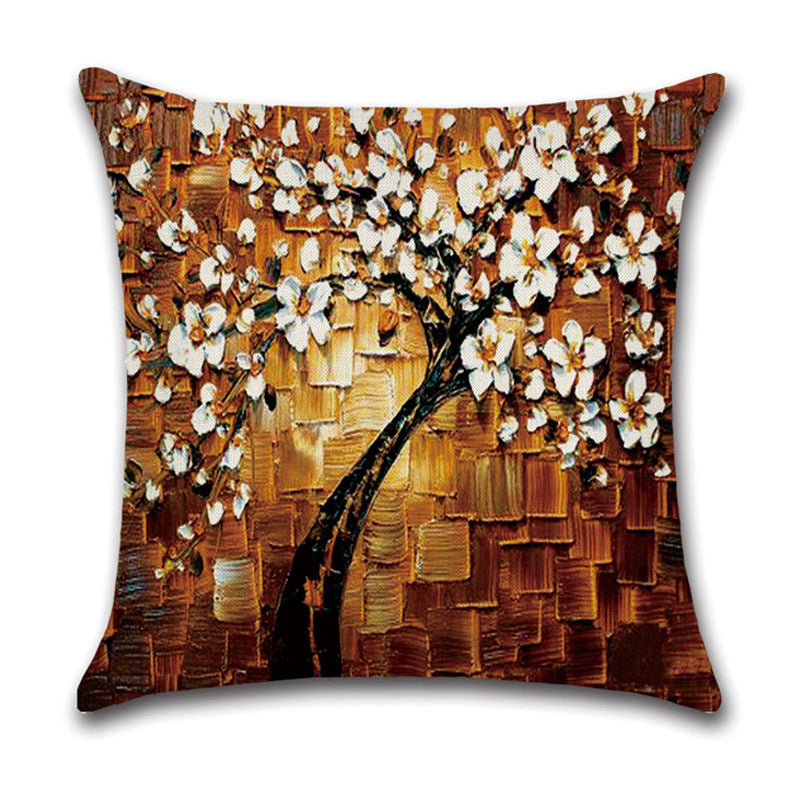 KTX-370131 Linen Autumn Landscape Pillow Cover with Floral and Leaf Patterns, 45x45cm