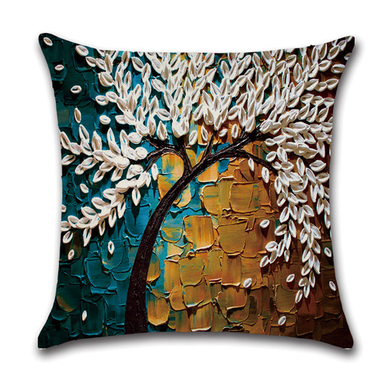 KTX-370131 Linen Autumn Landscape Pillow Cover with Floral and Leaf Patterns, 45x45cm