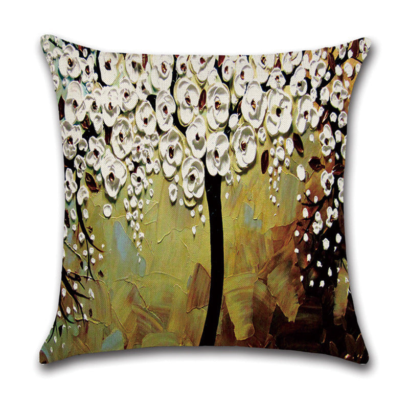 KTX-370131 Linen Autumn Landscape Pillow Cover with Floral and Leaf Patterns, 45x45cm