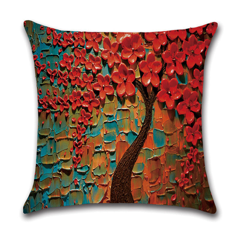 KTX-370131 Linen Autumn Landscape Pillow Cover with Floral and Leaf Patterns, 45x45cm