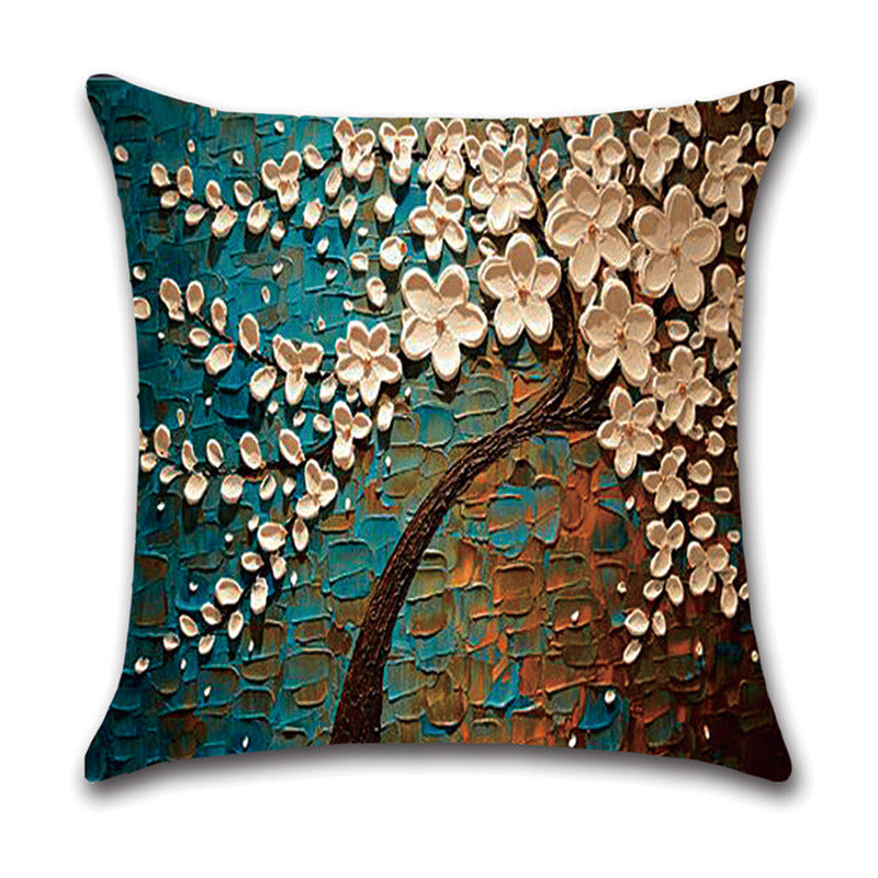 KTX-370131 Linen Autumn Landscape Pillow Cover with Floral and Leaf Patterns, 45x45cm