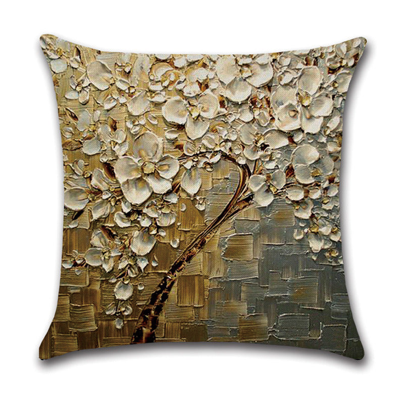 KTX-370131 Linen Autumn Landscape Pillow Cover with Floral and Leaf Patterns, 45x45cm