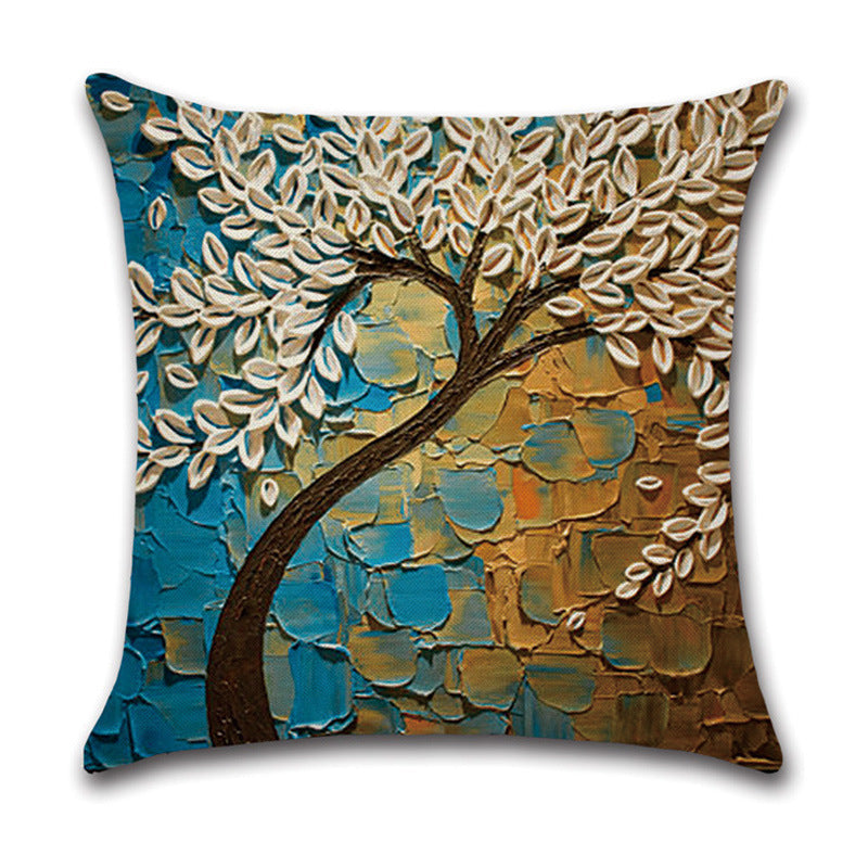 KTX-370131 Linen Autumn Landscape Pillow Cover with Floral and Leaf Patterns, 45x45cm
