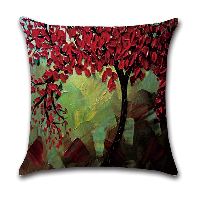 KTX-370131 Linen Autumn Landscape Pillow Cover with Floral and Leaf Patterns, 45x45cm