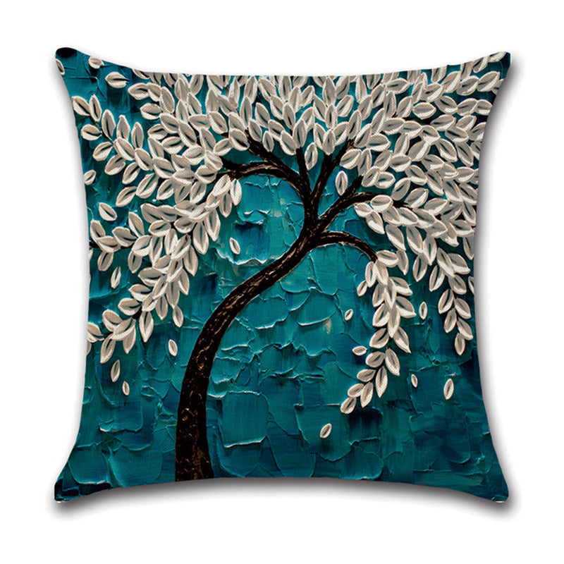 KTX-370131 Linen Autumn Landscape Pillow Cover with Floral and Leaf Patterns, 45x45cm