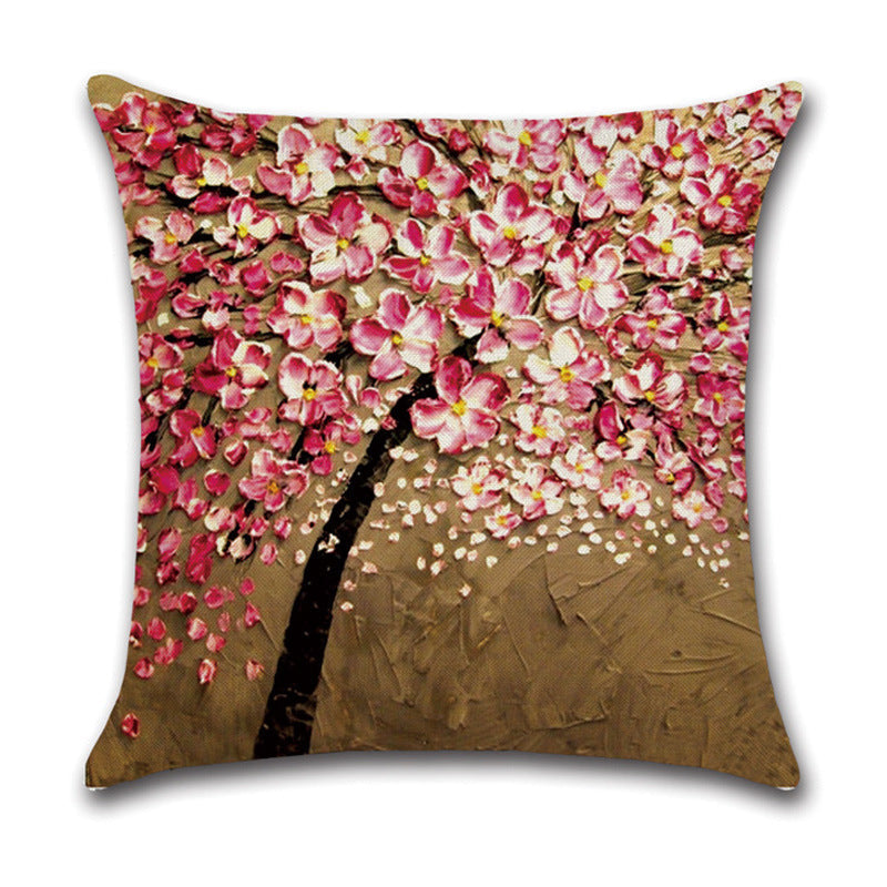 KTX-370131 Linen Autumn Landscape Pillow Cover with Floral and Leaf Patterns, 45x45cm