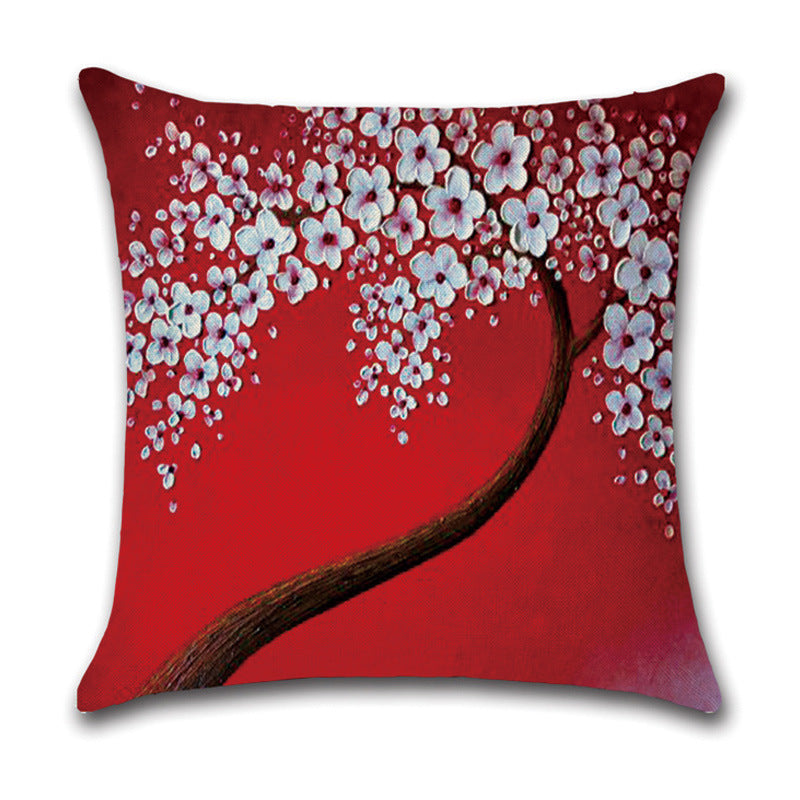 KTX-370131 Linen Autumn Landscape Pillow Cover with Floral and Leaf Patterns, 45x45cm