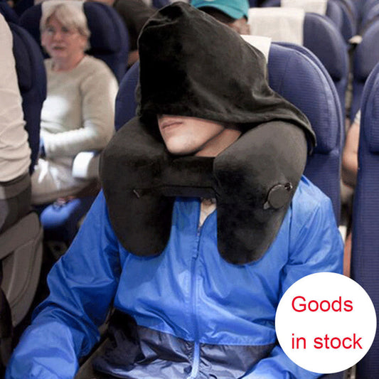 KTX-372435 H-Shaped Inflatable Neck Pillow for Travel - Lightweight, Foldable Design with Soft Velvet Fabric