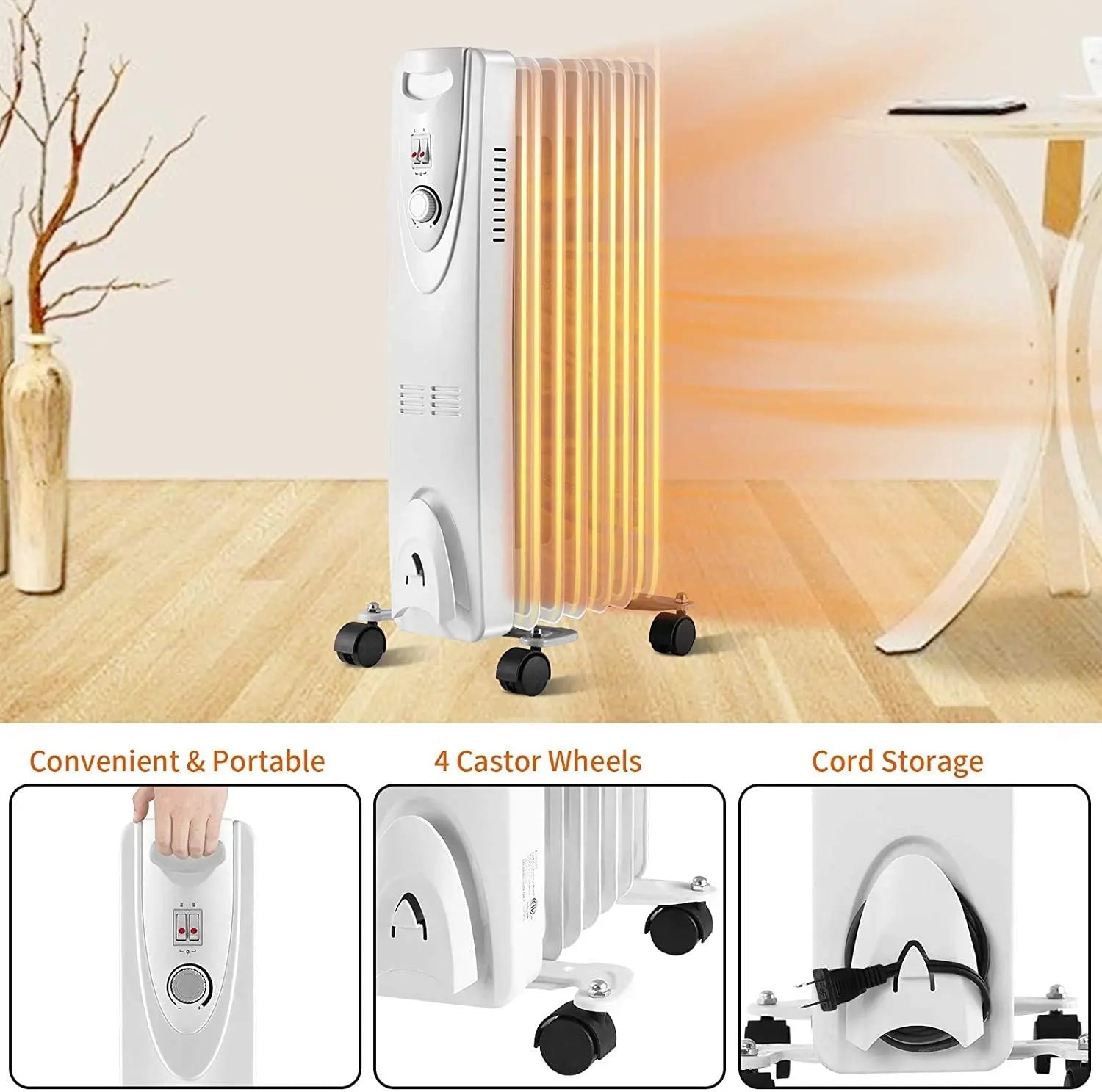 KTX-373523 Freestanding Electric Oil Filled Radiator Heater with Adjustable Thermostat, 2000W Power, Modern Design