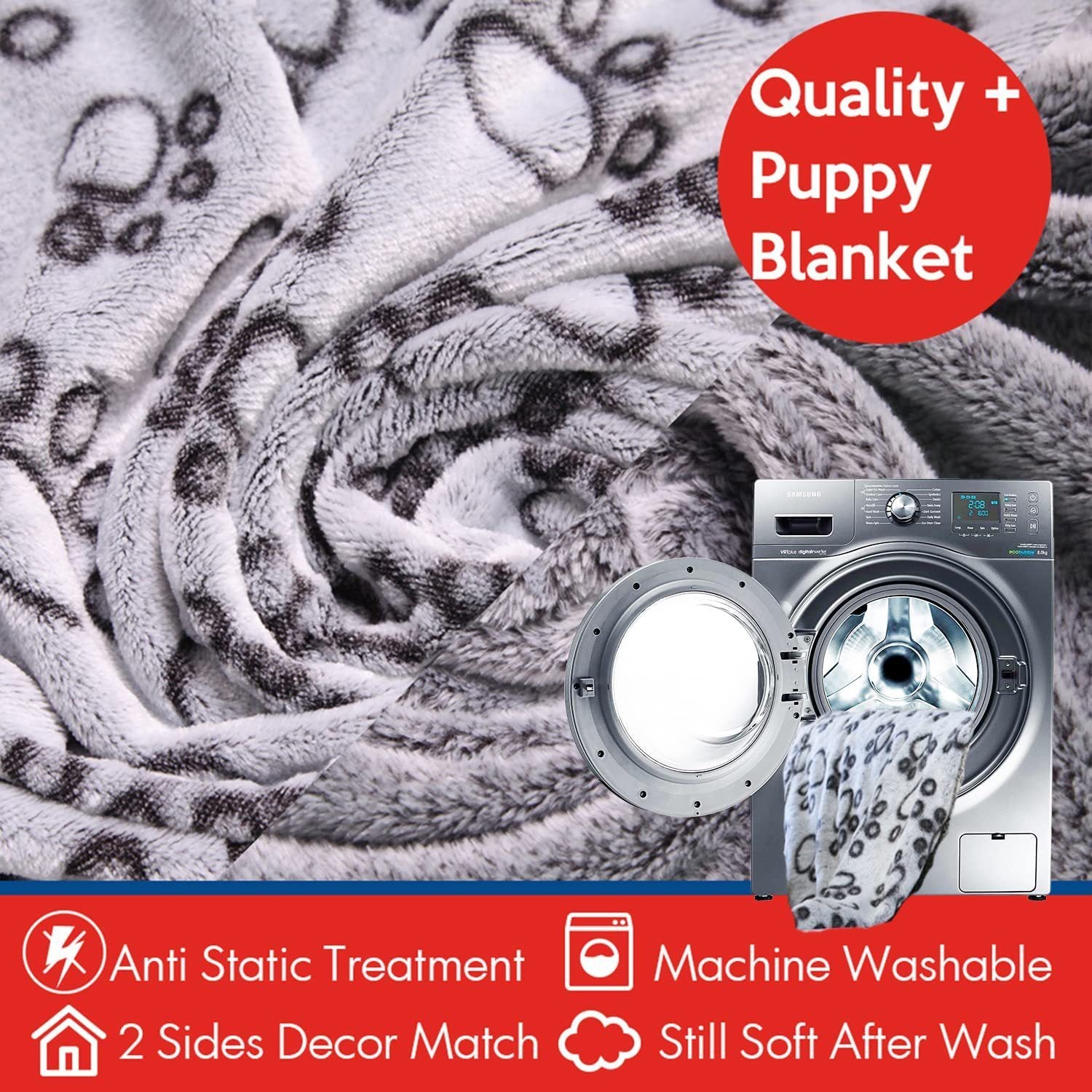 KTX-374035 Flannel Pet Blanket with Gray Cut Flower Footprints – Multiple Sizes Available