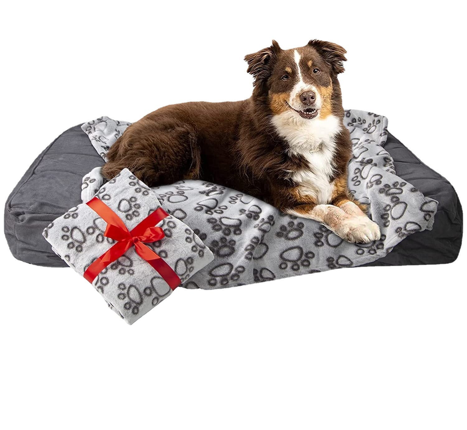 KTX-374035 Flannel Pet Blanket with Gray Cut Flower Footprints – Multiple Sizes Available
