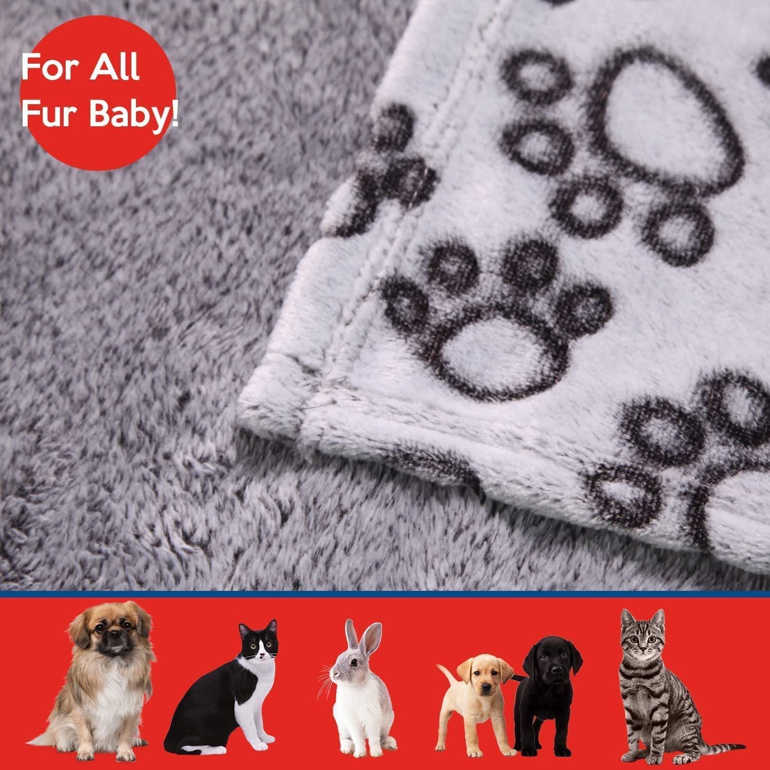 KTX-374035 Flannel Pet Blanket with Gray Cut Flower Footprints – Multiple Sizes Available