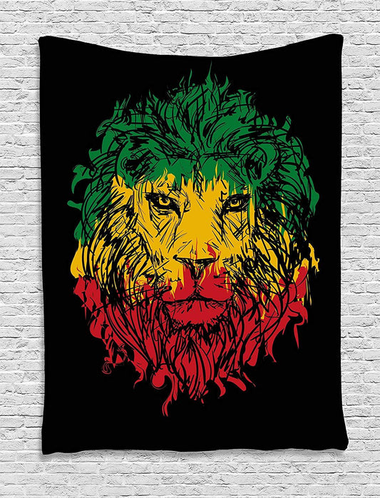 KTX-374611 Calico Lion Headband Wall Tapestry - Black Background, Light Green & Yellow Accents for Bedroom, Living Room, Dormitory
