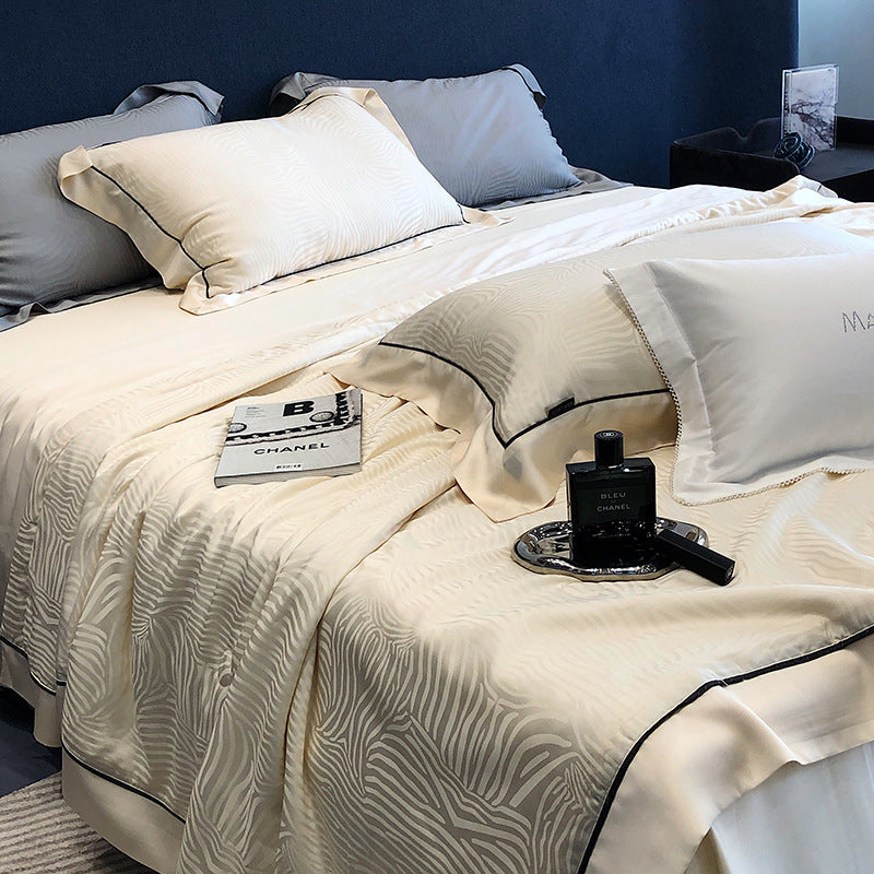 KTX-376211 Tencel Light Luxury Jacquard Summer Quilt Four-Piece Set - Soft Lyocell Fiber, Antibacterial Fill, Multiple Sizes Available