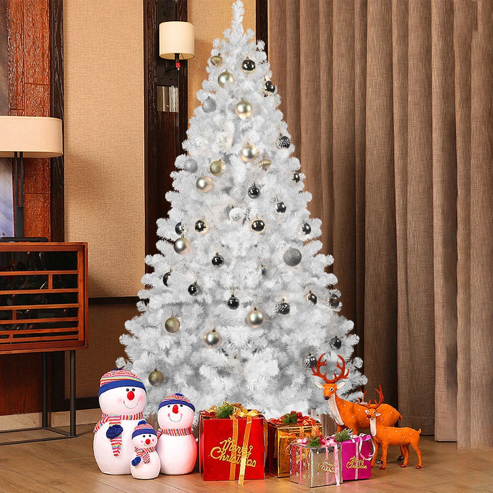 KTX-377811 Hinged 7.5ft White PVC Christmas Tree with 48-inch Diameter for Indoor Decor