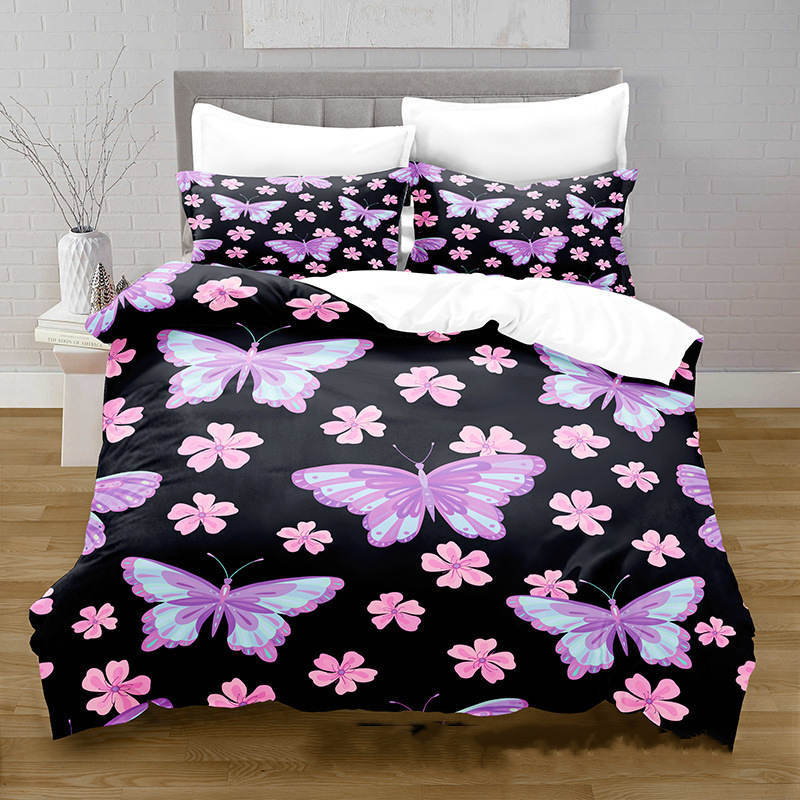 KTX-378515 3D Digital Printed Butterfly Pattern Brushed Quilt Cover and Pillowcase Bedding Set