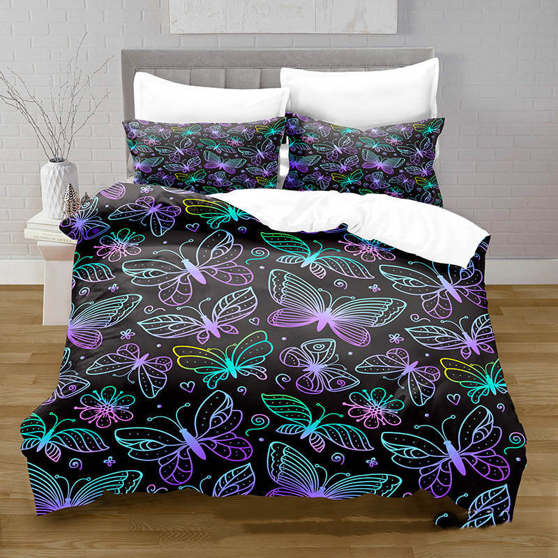 KTX-378515 3D Digital Printed Butterfly Pattern Brushed Quilt Cover and Pillowcase Bedding Set