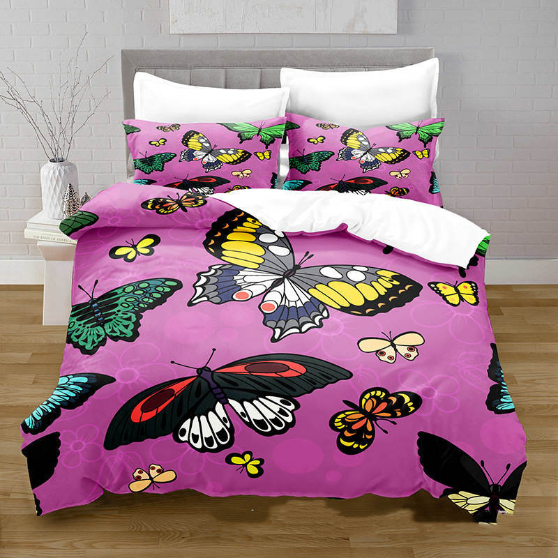KTX-378515 3D Digital Printed Butterfly Pattern Brushed Quilt Cover and Pillowcase Bedding Set