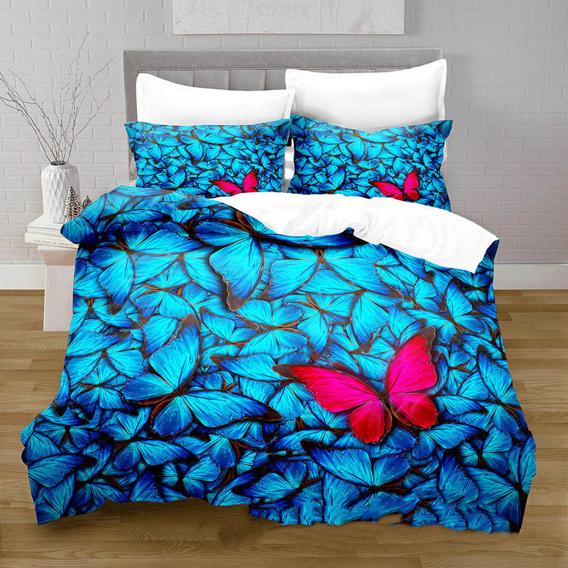 KTX-378515 3D Digital Printed Butterfly Pattern Brushed Quilt Cover and Pillowcase Bedding Set