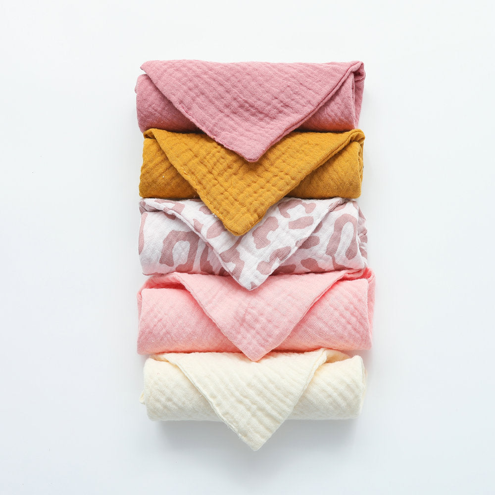 KTX-379923 Crepe Baby Gauze Saliva Towel Set - 5PCs in White, Yellow, Rainbow