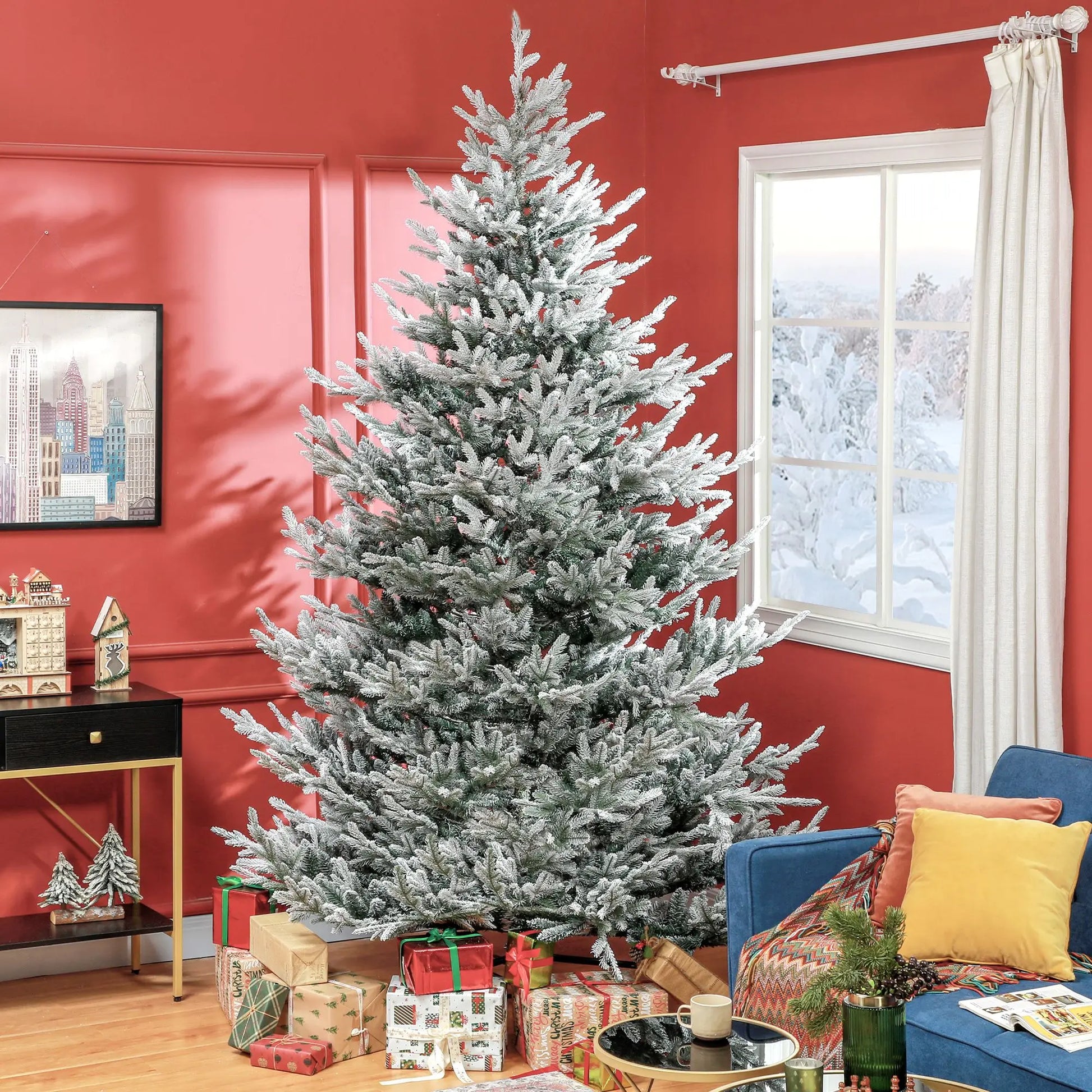 KTX-380115 9 FT Flocked Hinged Christmas Tree with 1939 Tips and Auto Open Green Steel Base