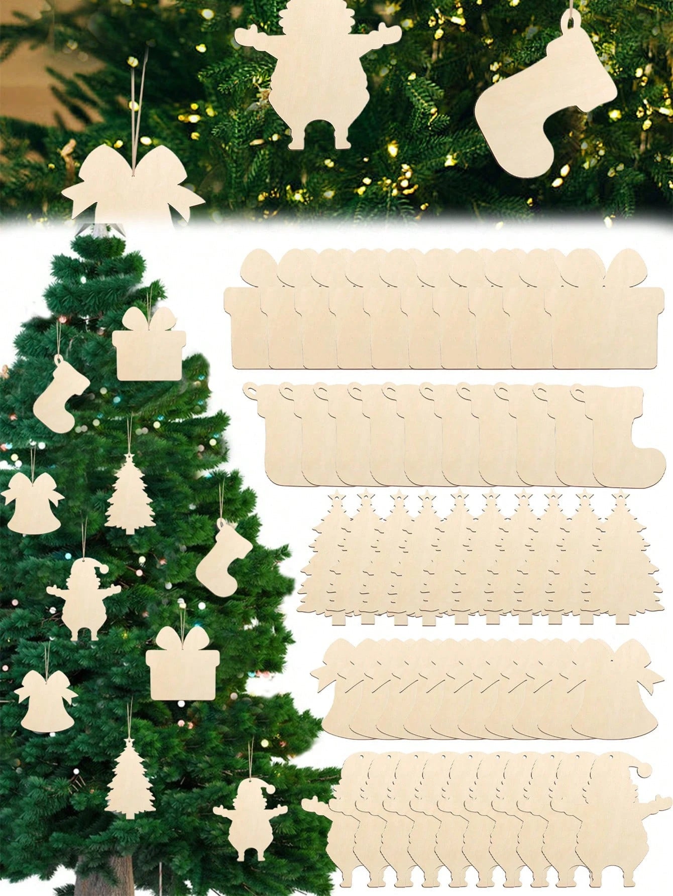 KTX-380307 20 Pcs Unfinished Wooden Christmas Ornaments for DIY Crafting - 4 Designs for Holiday Decorating