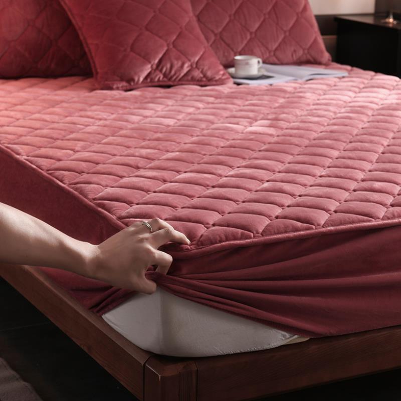 KTX-381651 Quilted Crystal Velvet Bed Sheet Cover - Non-Slip & Warm for Standard and Heightened Mattresses