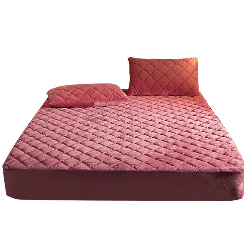 KTX-381651 Quilted Crystal Velvet Bed Sheet Cover - Non-Slip & Warm for Standard and Heightened Mattresses