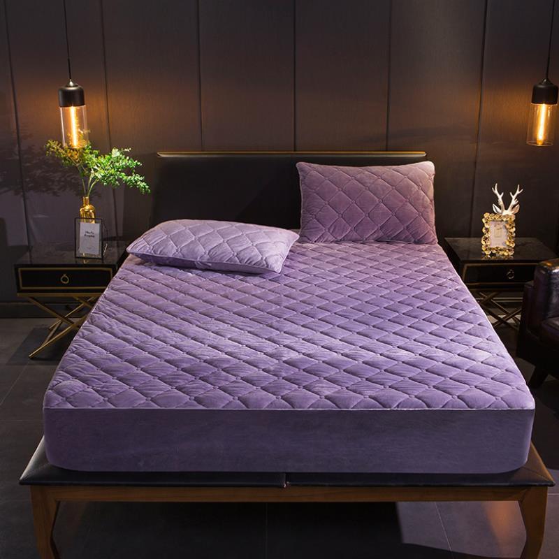 KTX-381651 Quilted Crystal Velvet Bed Sheet Cover - Non-Slip & Warm for Standard and Heightened Mattresses